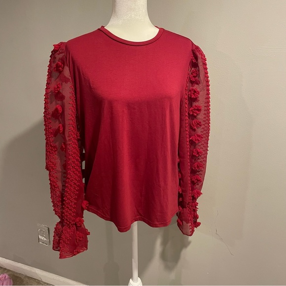 NWOT Womens Red Knit Blouse with Sheer Pom Puff Sleeves XL Shein - Picture 1 of 4